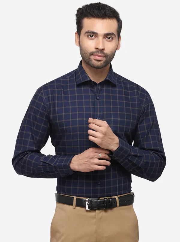 Navy Blue & Brown Checked Regular Fit Formal Shirt | JadeBlue