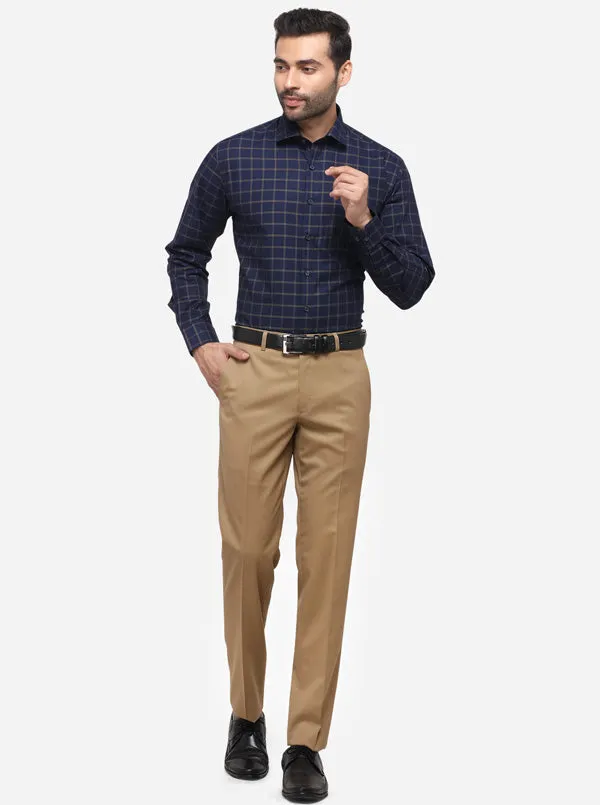 Navy Blue & Brown Checked Regular Fit Formal Shirt | JadeBlue