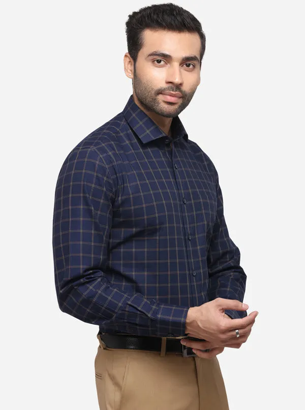 Navy Blue & Brown Checked Regular Fit Formal Shirt | JadeBlue