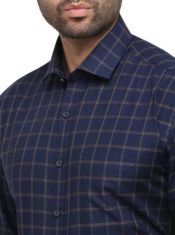 Navy Blue & Brown Checked Regular Fit Formal Shirt | JadeBlue