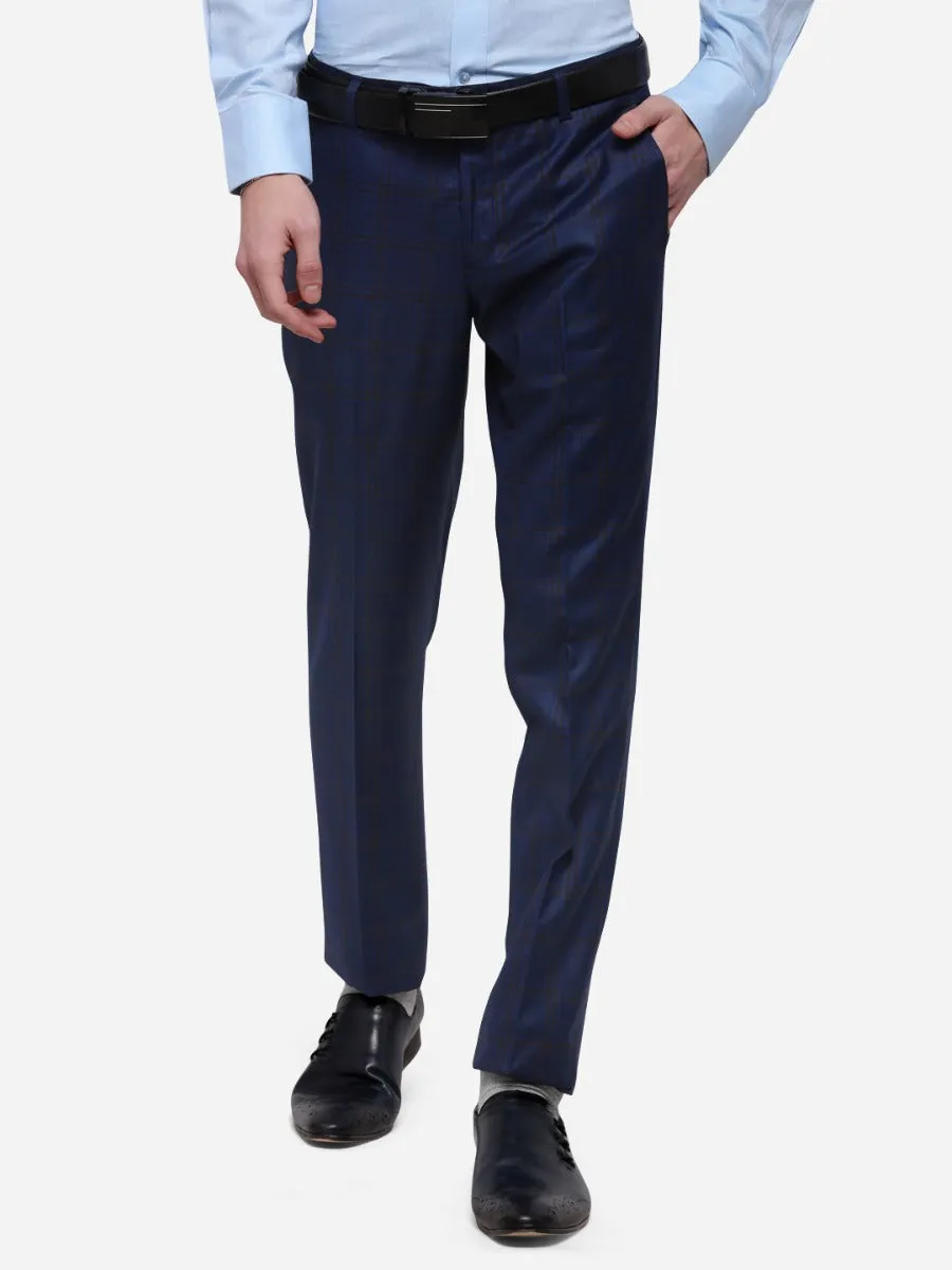 Navy Blue Super Slim Fit Checked Formal Trouser | JB Studio