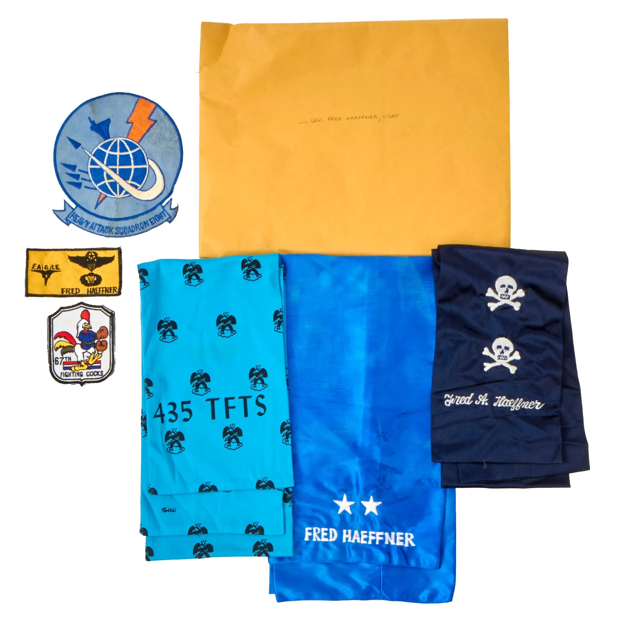 Original U.S. Air Force Vietnam War Major General Fred Haeffner Theater Pilot Scarves and Custom Squadron Patches - Notable MiG-17 Kill Attribution