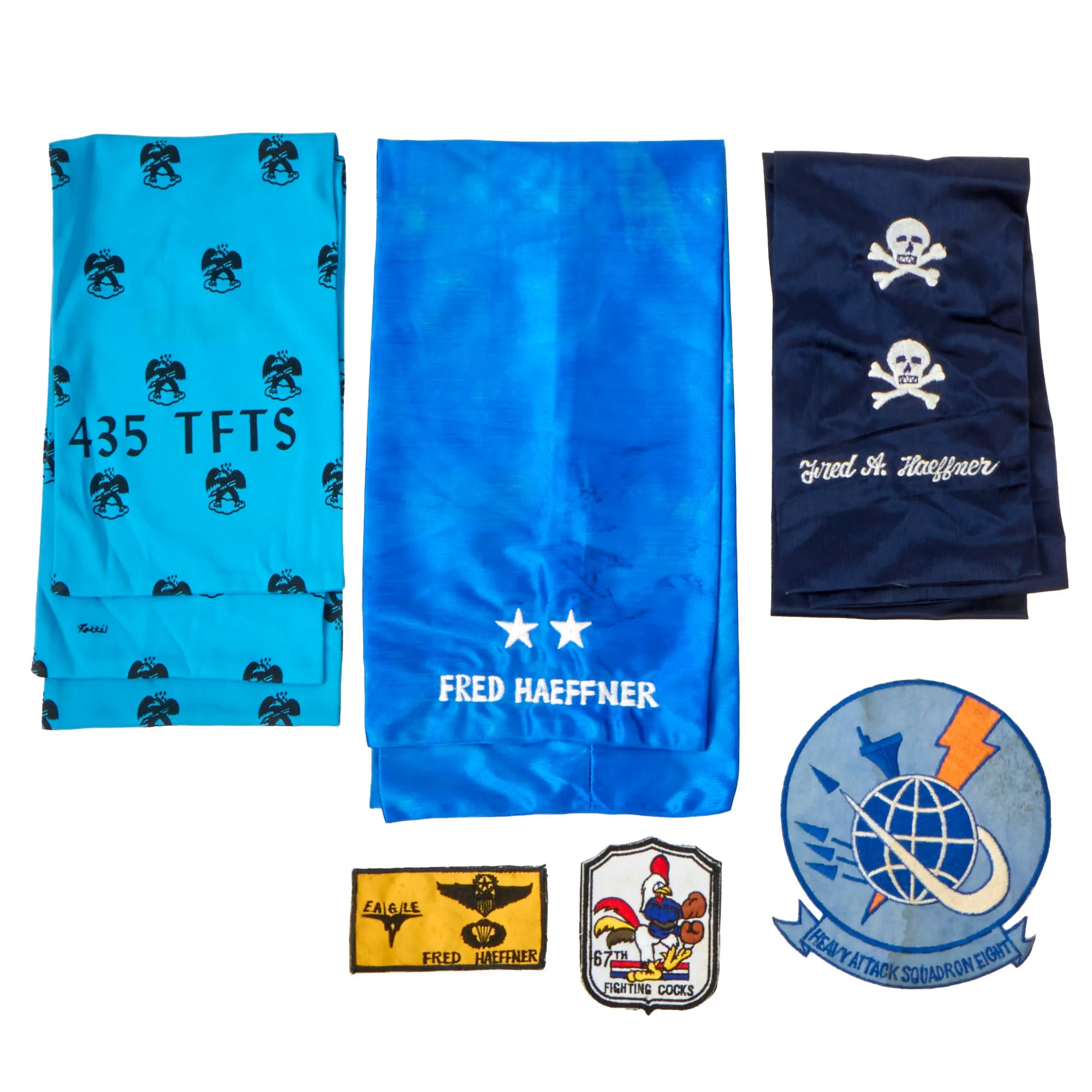 Original U.S. Air Force Vietnam War Major General Fred Haeffner Theater Pilot Scarves and Custom Squadron Patches - Notable MiG-17 Kill Attribution