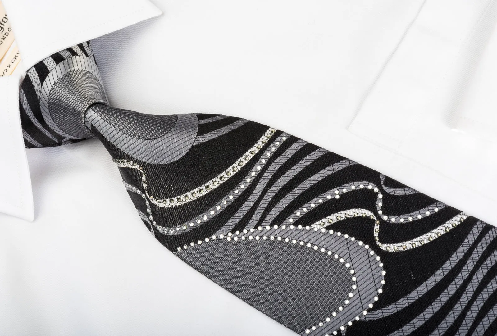 OVO Classic Rhinestone Silk Necktie Silver Geometric Waves On Black With Silver Sparkles