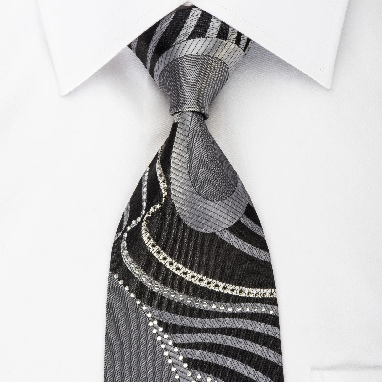 OVO Classic Rhinestone Silk Necktie Silver Geometric Waves On Black With Silver Sparkles