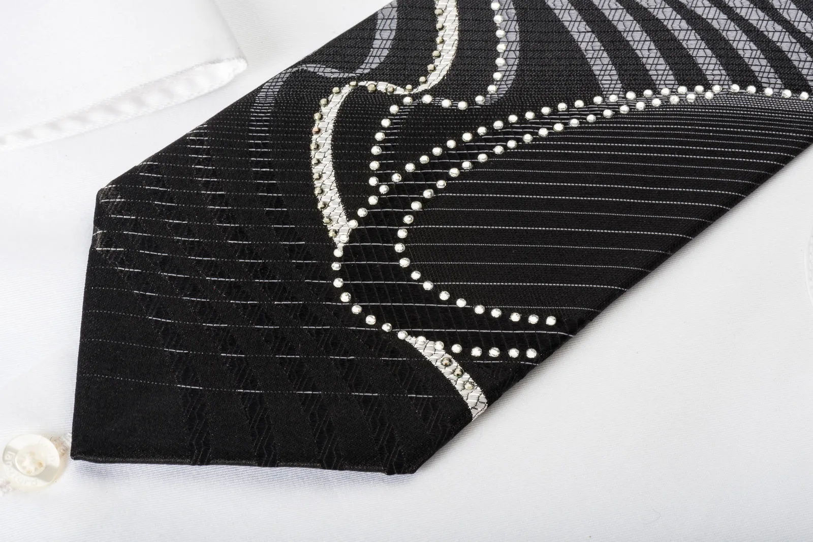 OVO Classic Rhinestone Silk Necktie Silver Geometric Waves On Black With Silver Sparkles