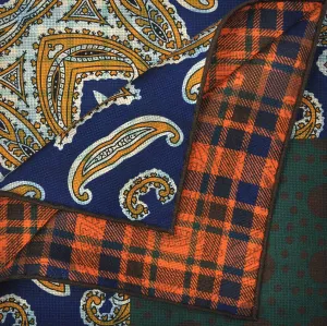 Paisley, Dots & Checks Reversible Panama Silk Pocket Square in Blue, Orange, Green & Yellow