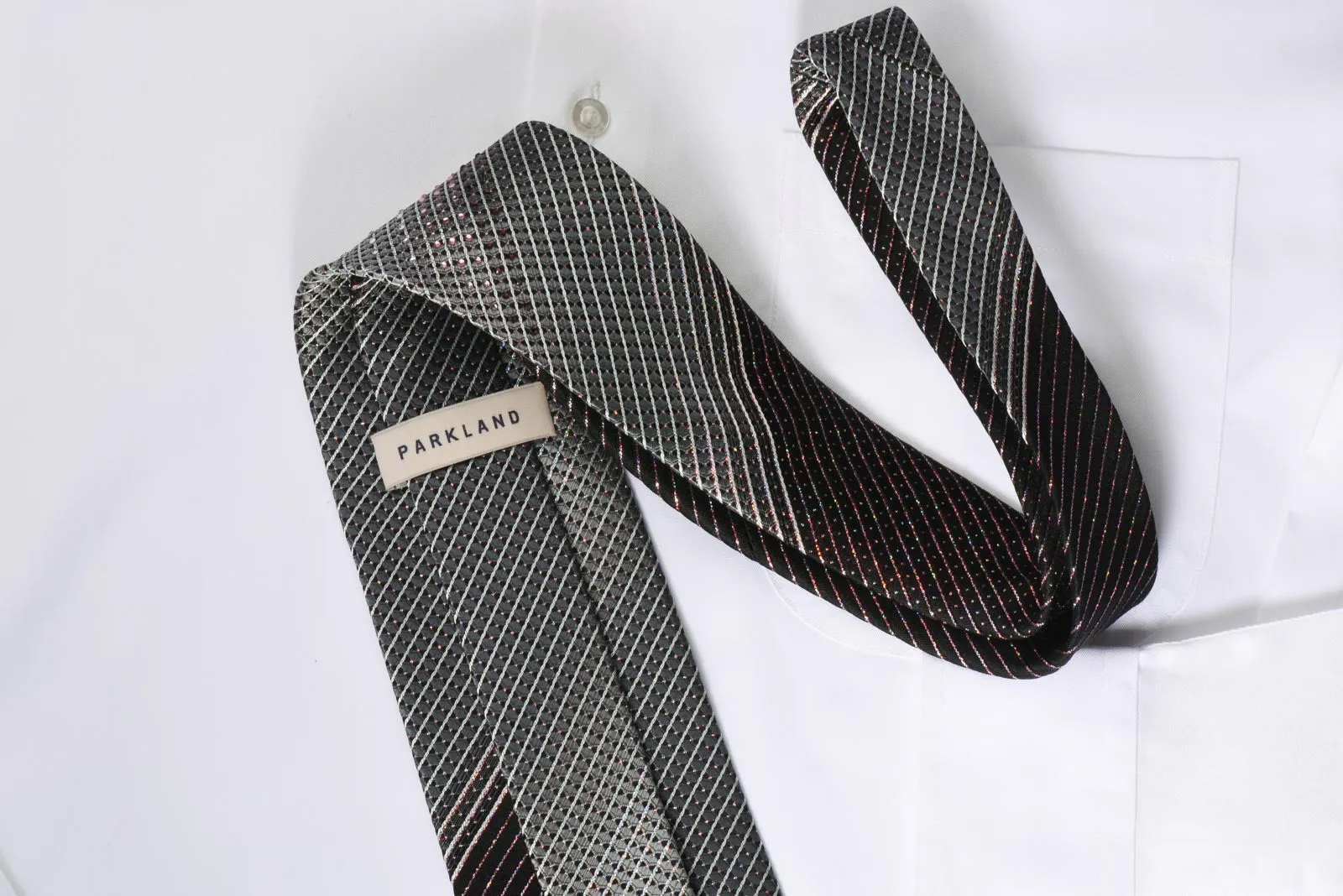 Park Land Rhinestone Silk Tie Silver Striped On Black With Sparkles