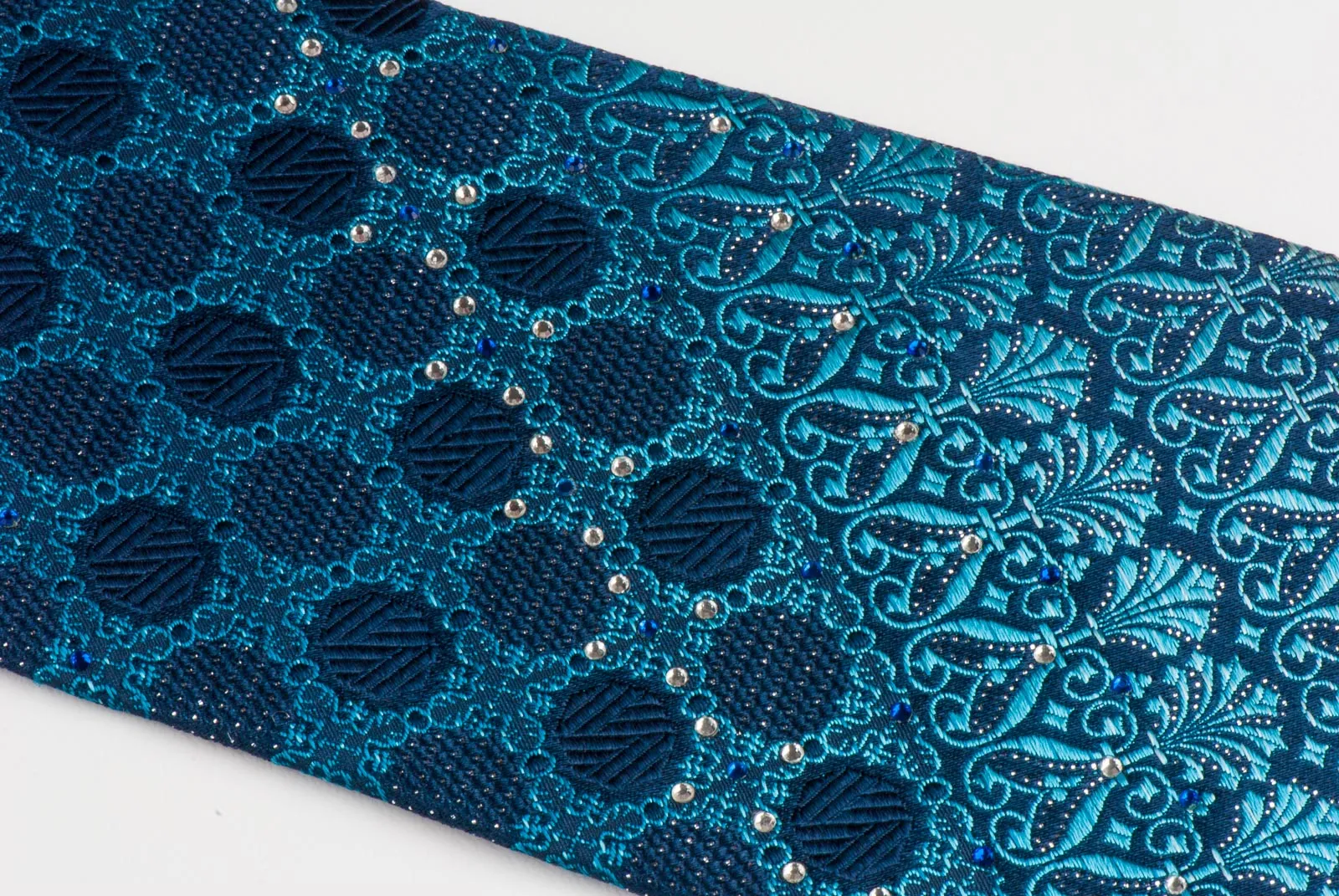 Park Land Silk Tie Anthemion Design On Blue With Silver Sparkles & Rhinestones