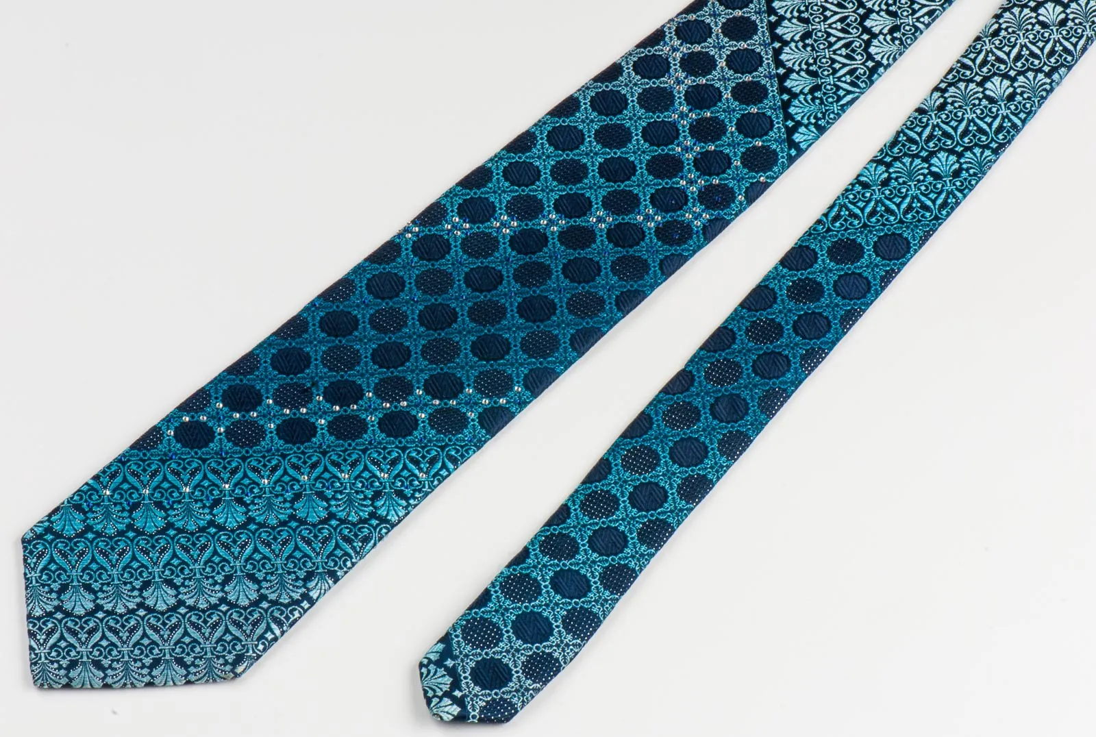 Park Land Silk Tie Anthemion Design On Blue With Silver Sparkles & Rhinestones