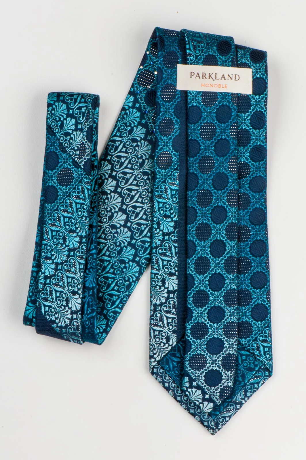 Park Land Silk Tie Anthemion Design On Blue With Silver Sparkles & Rhinestones