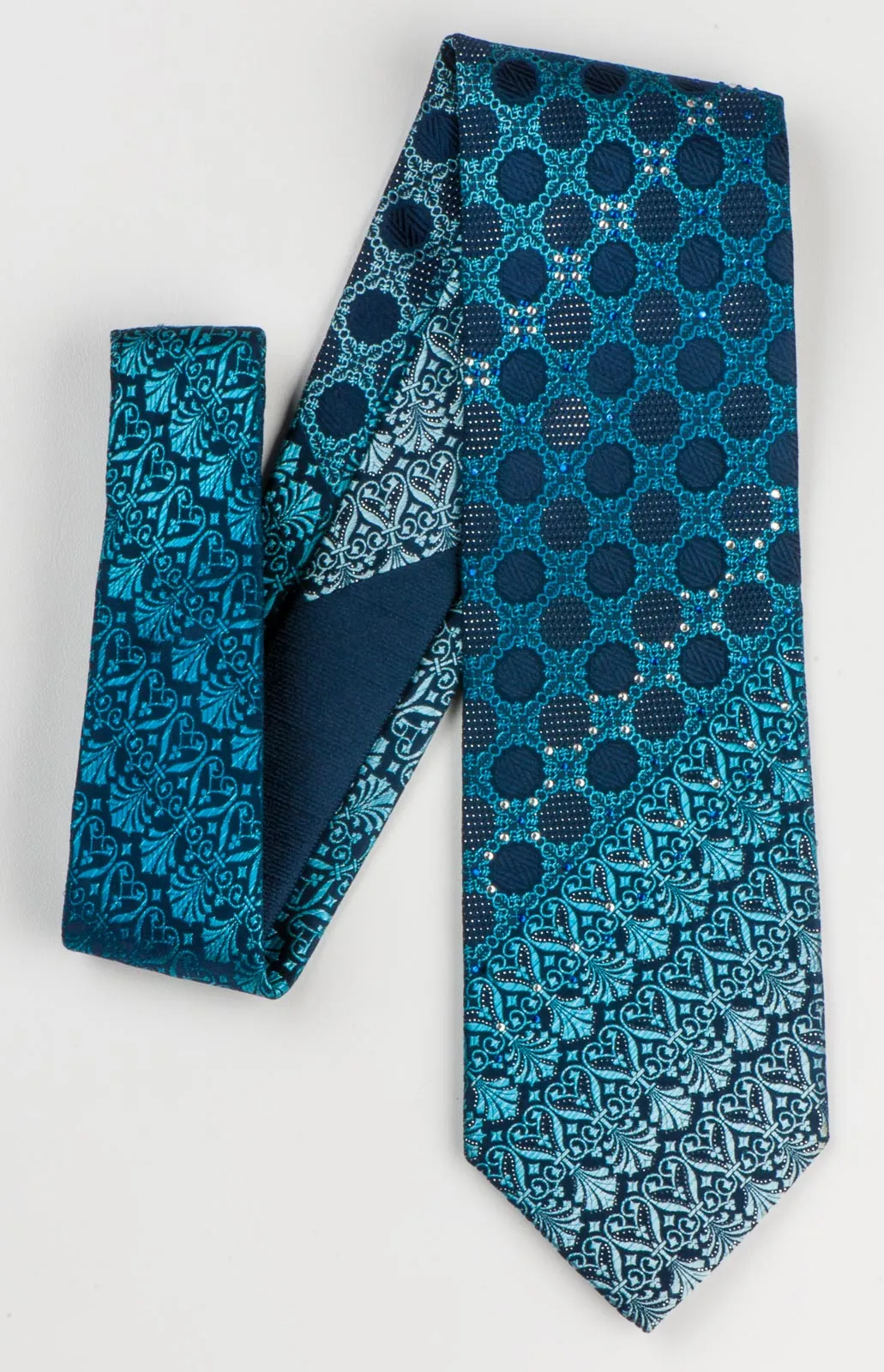 Park Land Silk Tie Anthemion Design On Blue With Silver Sparkles & Rhinestones