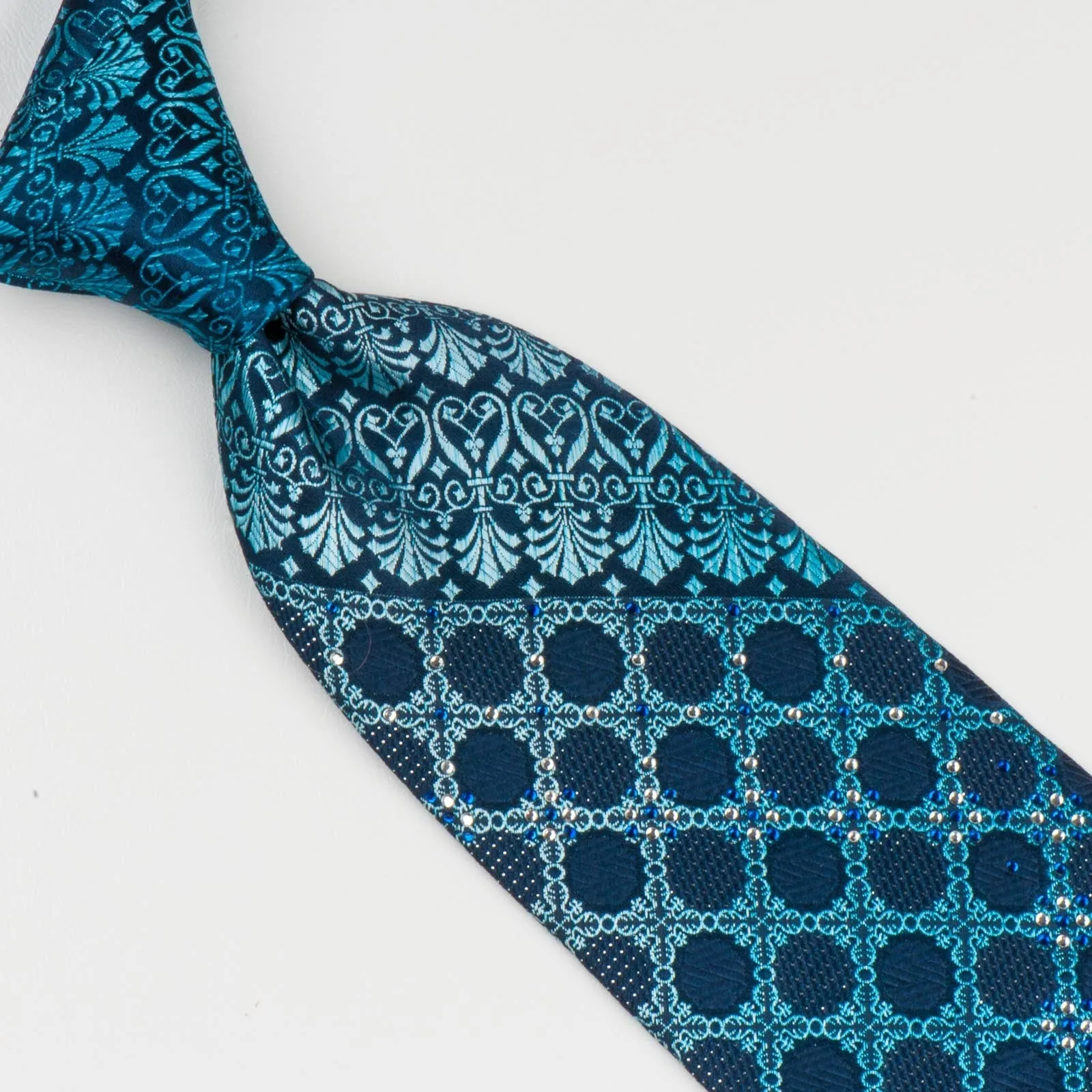 Park Land Silk Tie Anthemion Design On Blue With Silver Sparkles & Rhinestones