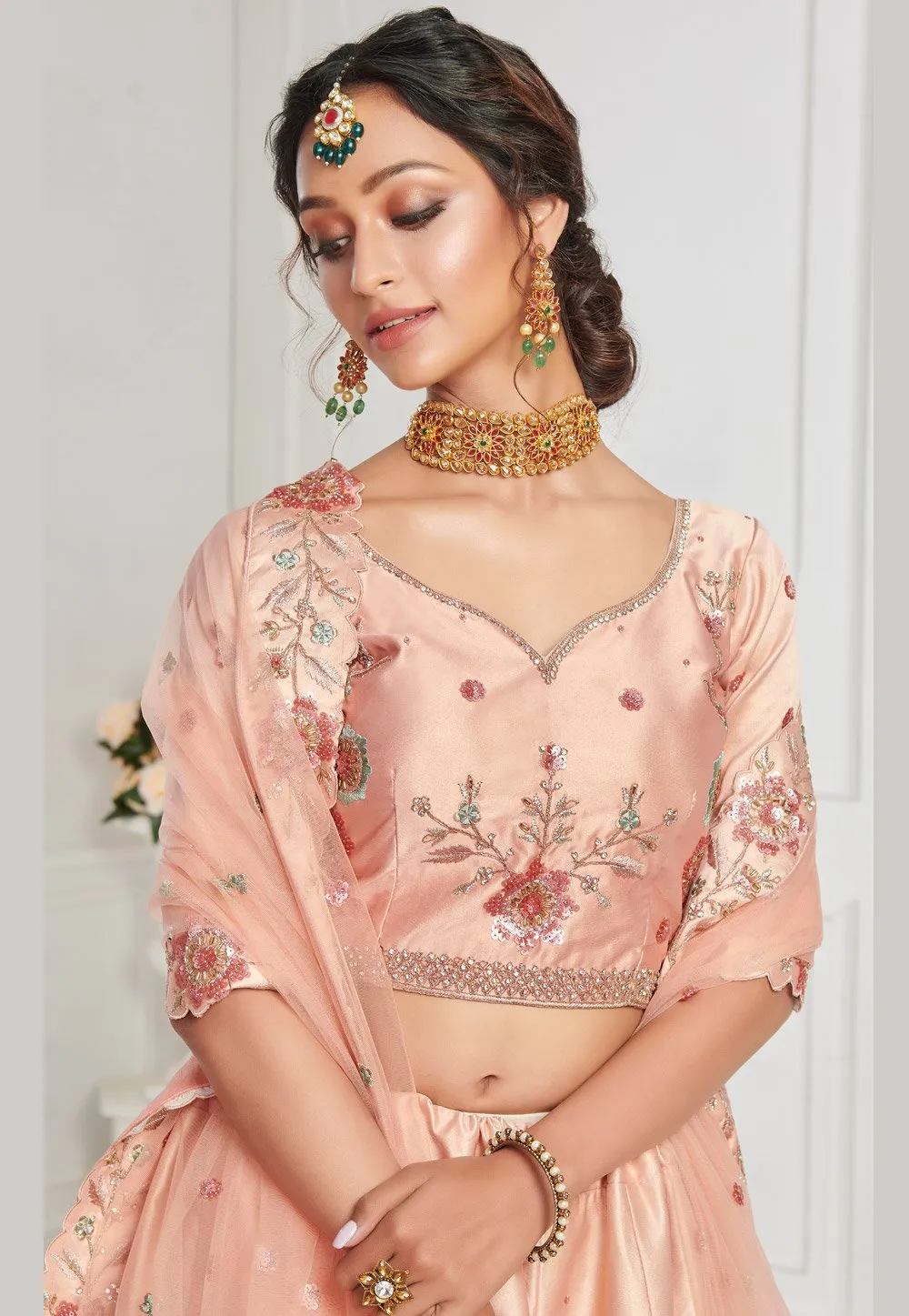 Peach Elegant Sequins Embroidered Silk Bridal Lehenga Choli