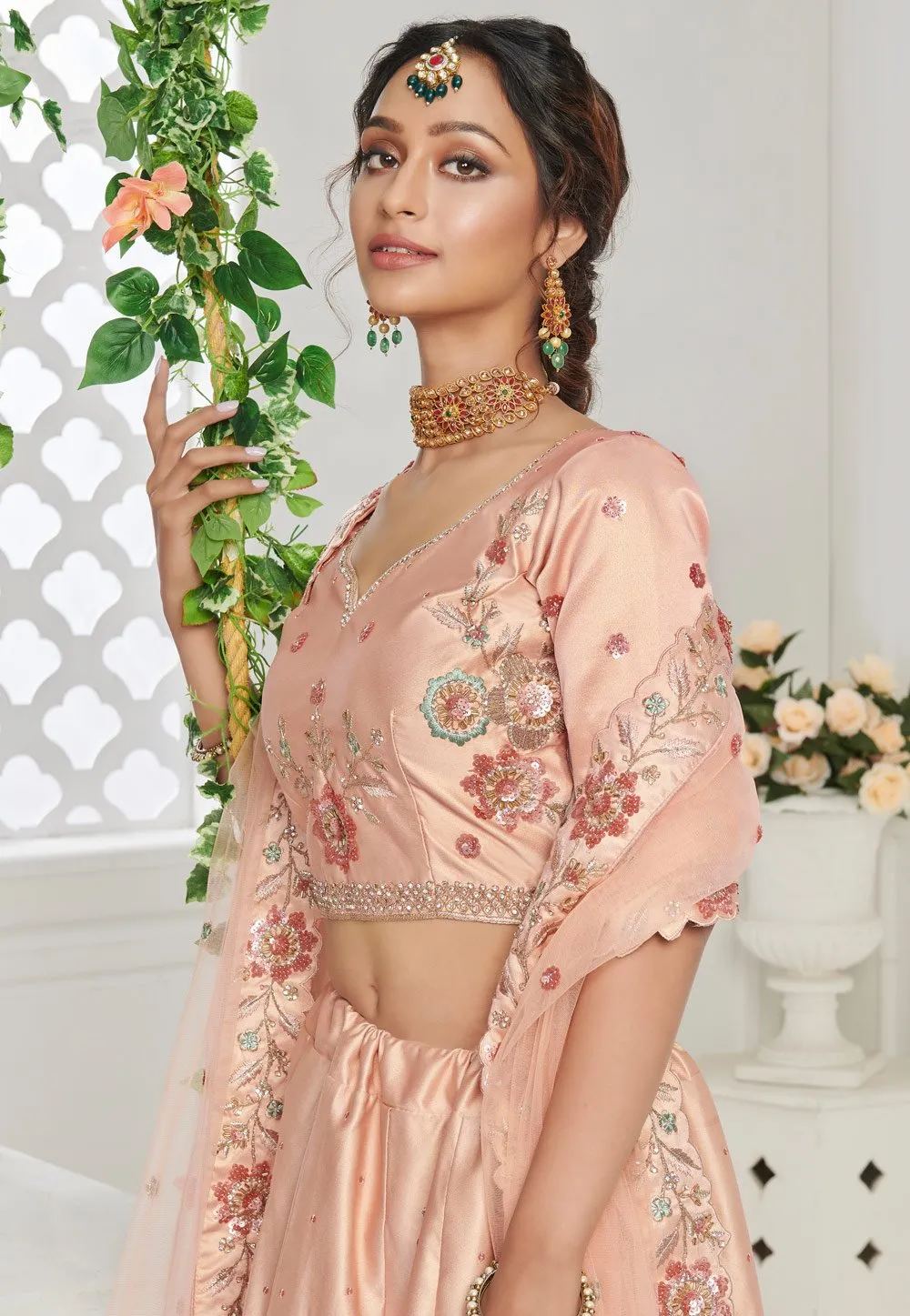 Peach Elegant Sequins Embroidered Silk Bridal Lehenga Choli