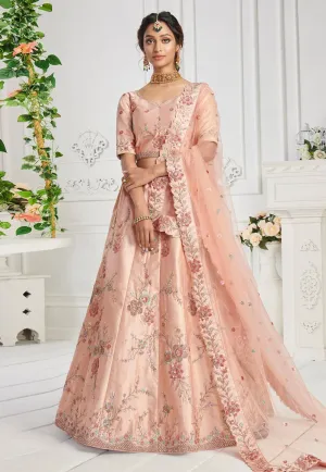 Peach Elegant Sequins Embroidered Silk Bridal Lehenga Choli