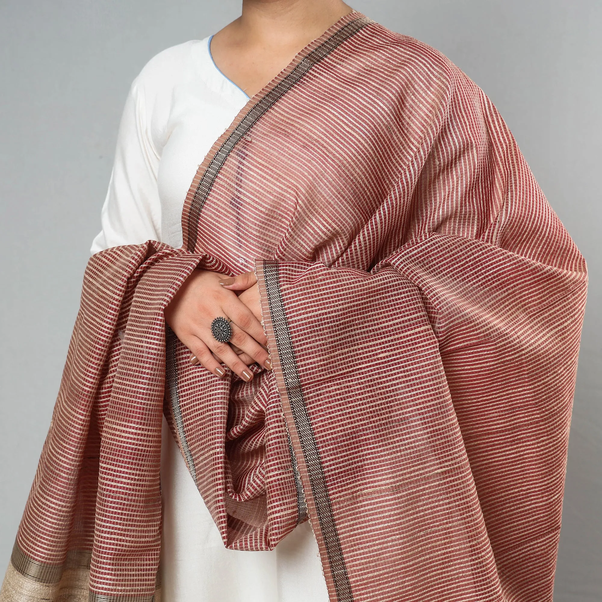 Peach -Traditional Maheshwari Silk Cotton Handloom Checks Dupatta