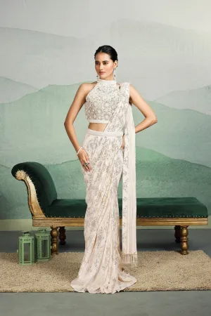 Pearl White Embellished Premium Net Silk Saree