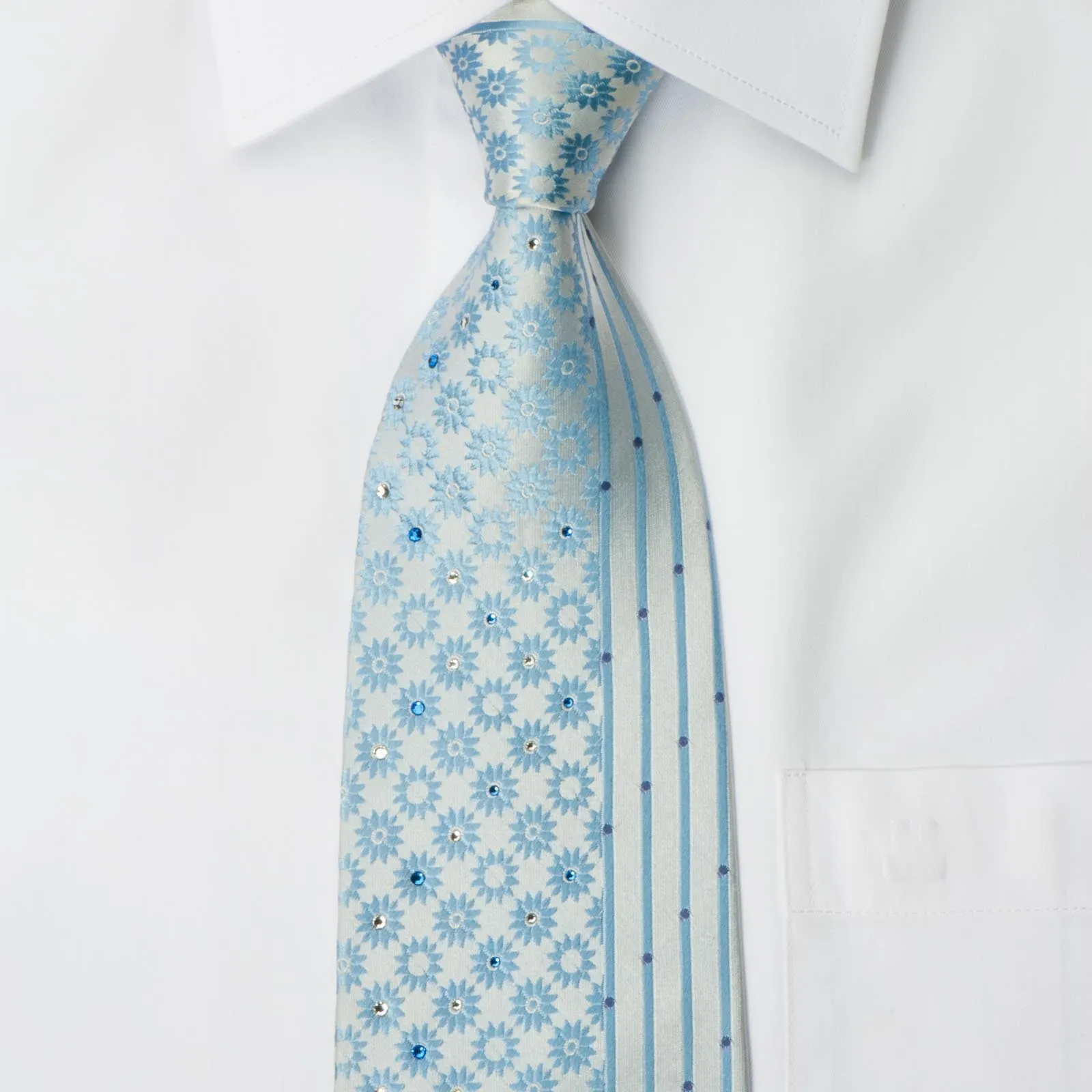 Perry Ellis Men's Silk Necktie Floral Design On Light Blue With Rhinestones