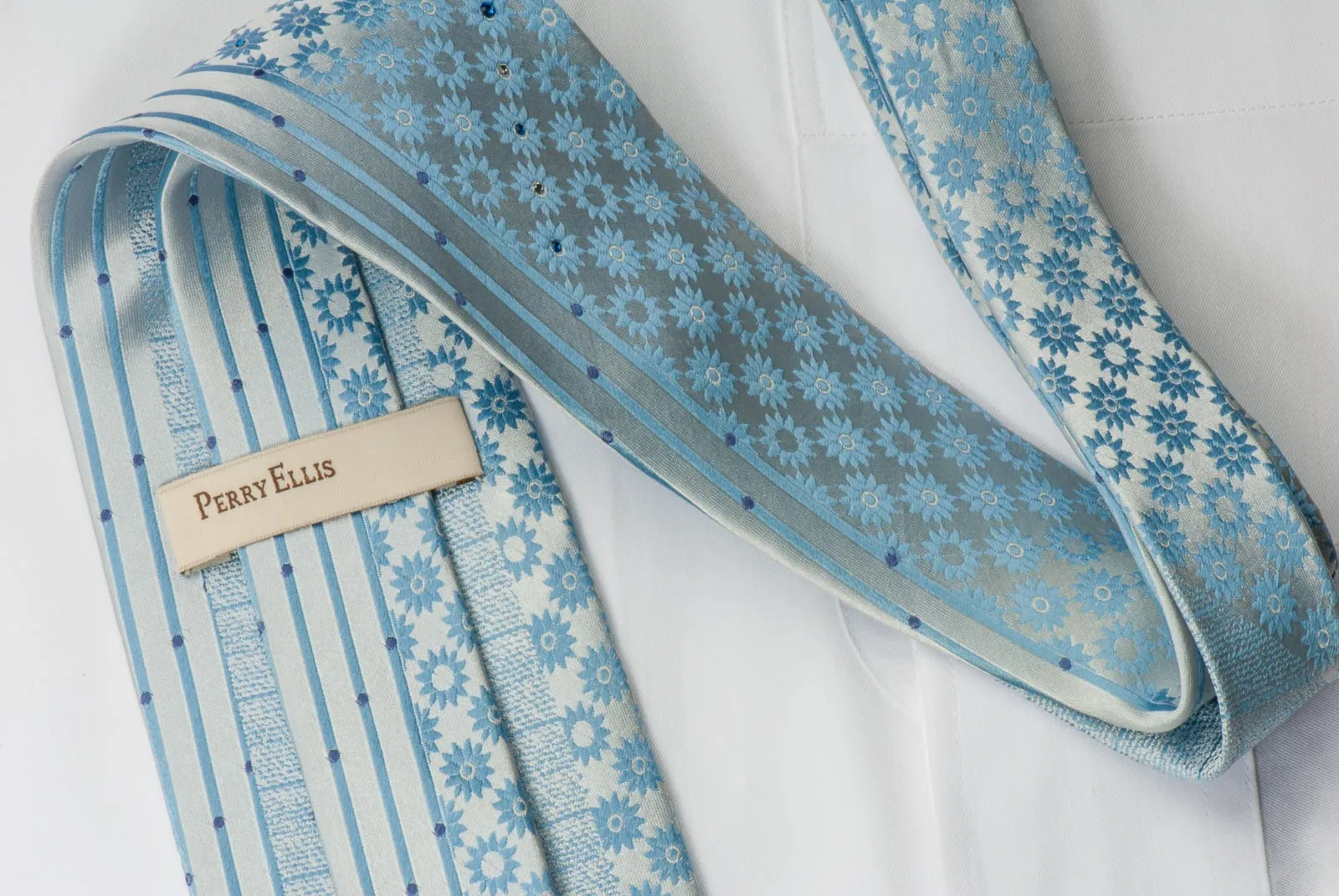 Perry Ellis Men's Silk Necktie Floral Design On Light Blue With Rhinestones