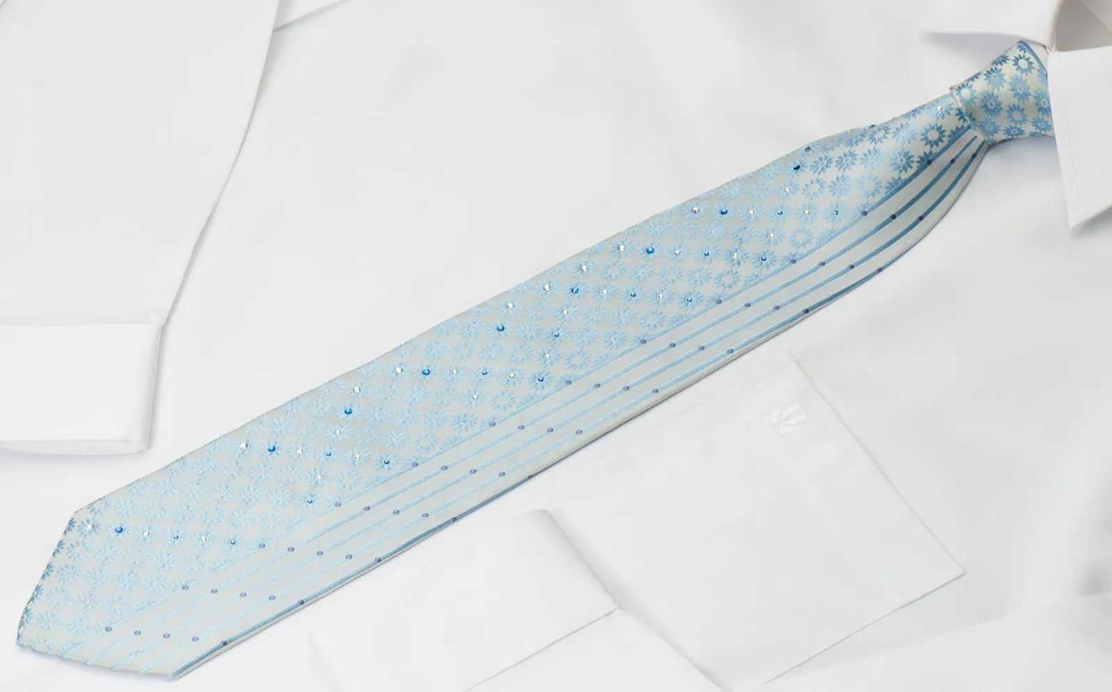 Perry Ellis Men's Silk Necktie Floral Design On Light Blue With Rhinestones