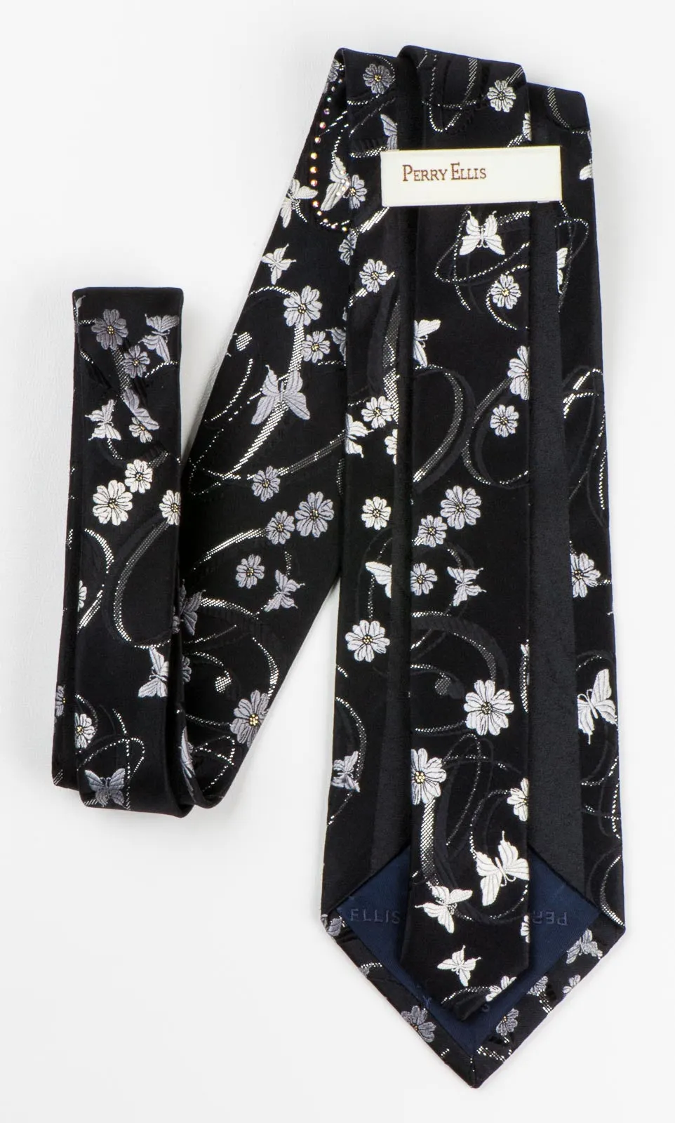 Perry Ellis Necktie Silver Floral & Butterflies On Black Silk With Rhinestones