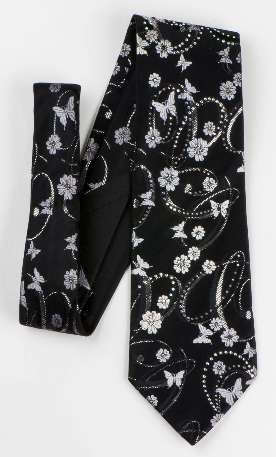 Perry Ellis Necktie Silver Floral & Butterflies On Black Silk With Rhinestones