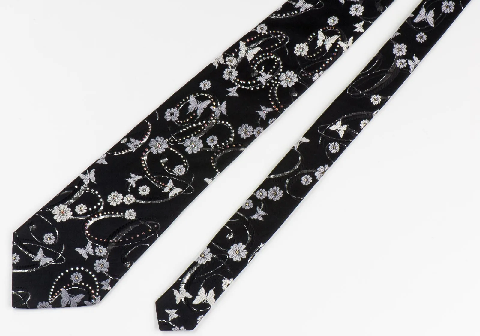 Perry Ellis Necktie Silver Floral & Butterflies On Black Silk With Rhinestones