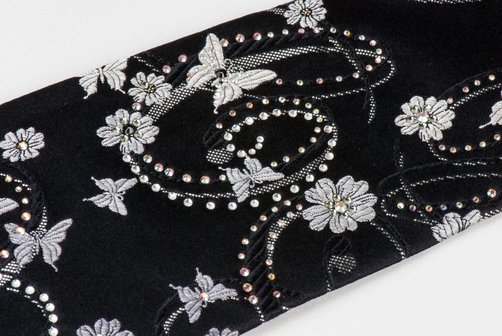 Perry Ellis Necktie Silver Floral & Butterflies On Black Silk With Rhinestones