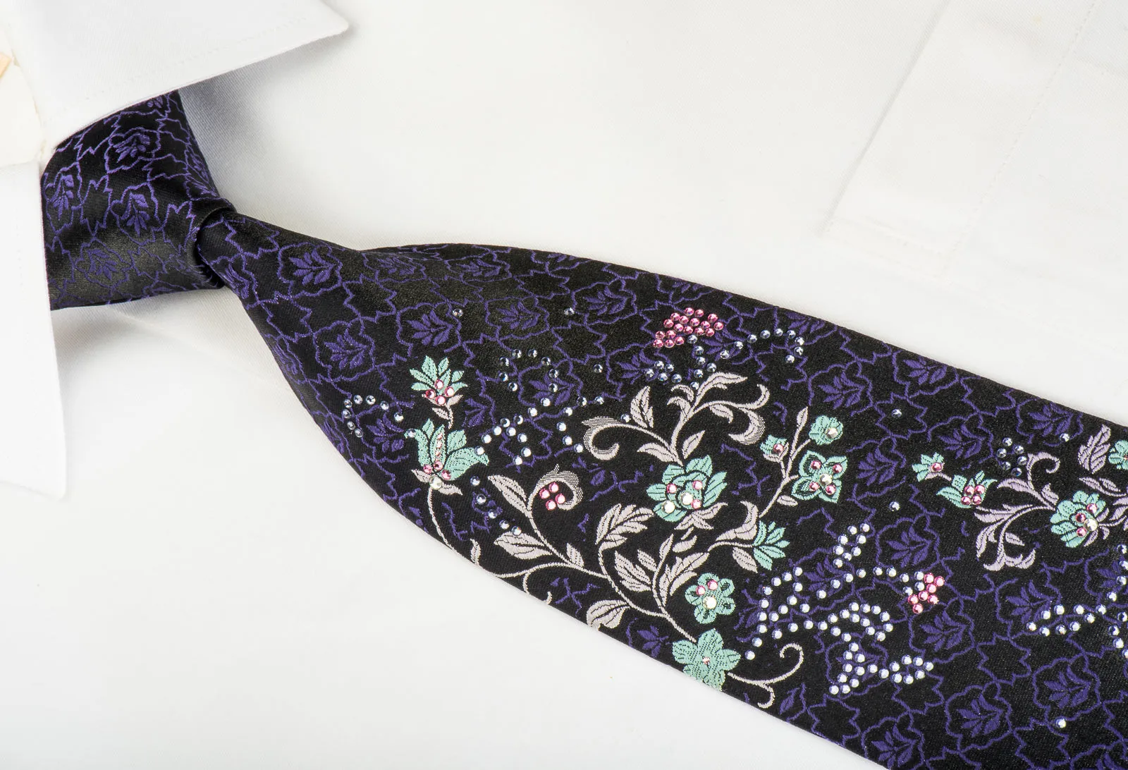 Perry Ellis Rhinestone Silk Necktie Floral On Black With Purple Sparkles