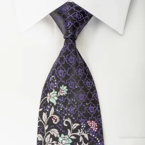 Perry Ellis Rhinestone Silk Necktie Floral On Black With Purple Sparkles