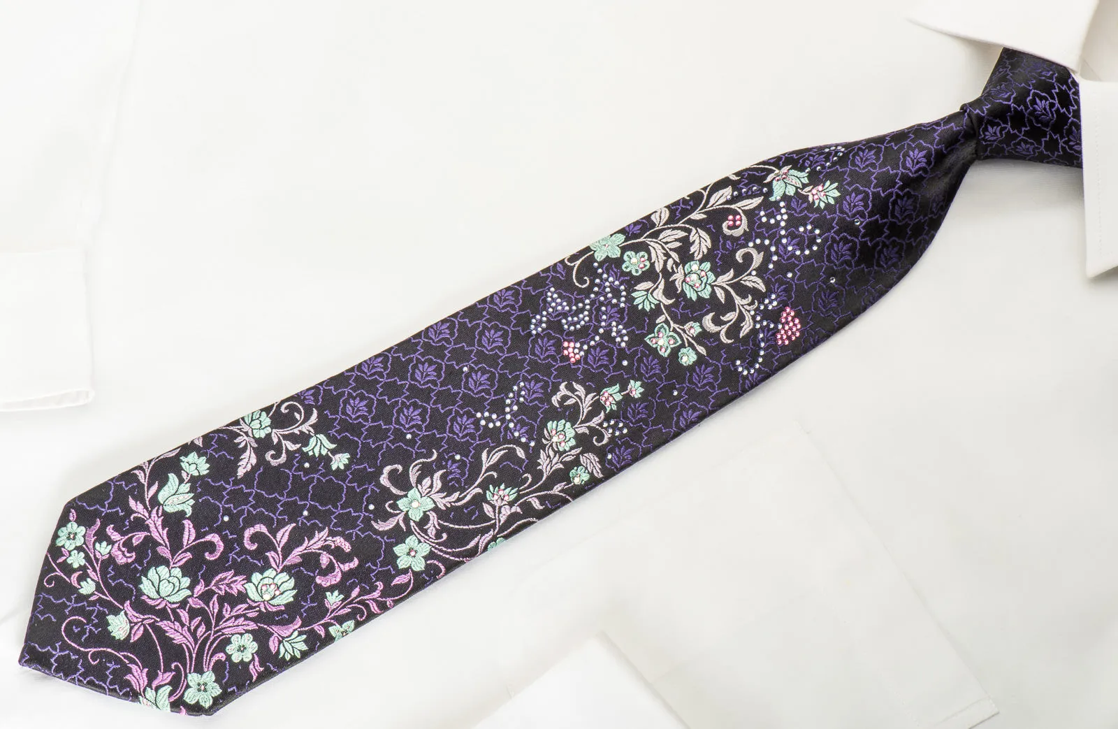 Perry Ellis Rhinestone Silk Necktie Floral On Black With Purple Sparkles