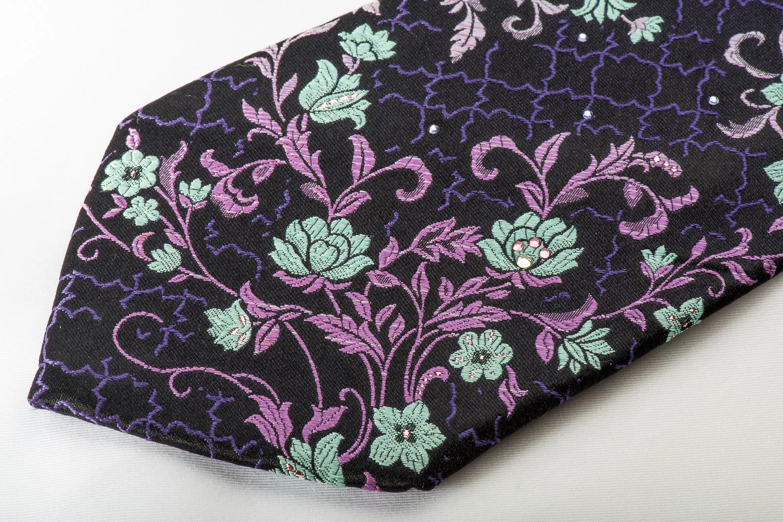 Perry Ellis Rhinestone Silk Necktie Floral On Black With Purple Sparkles