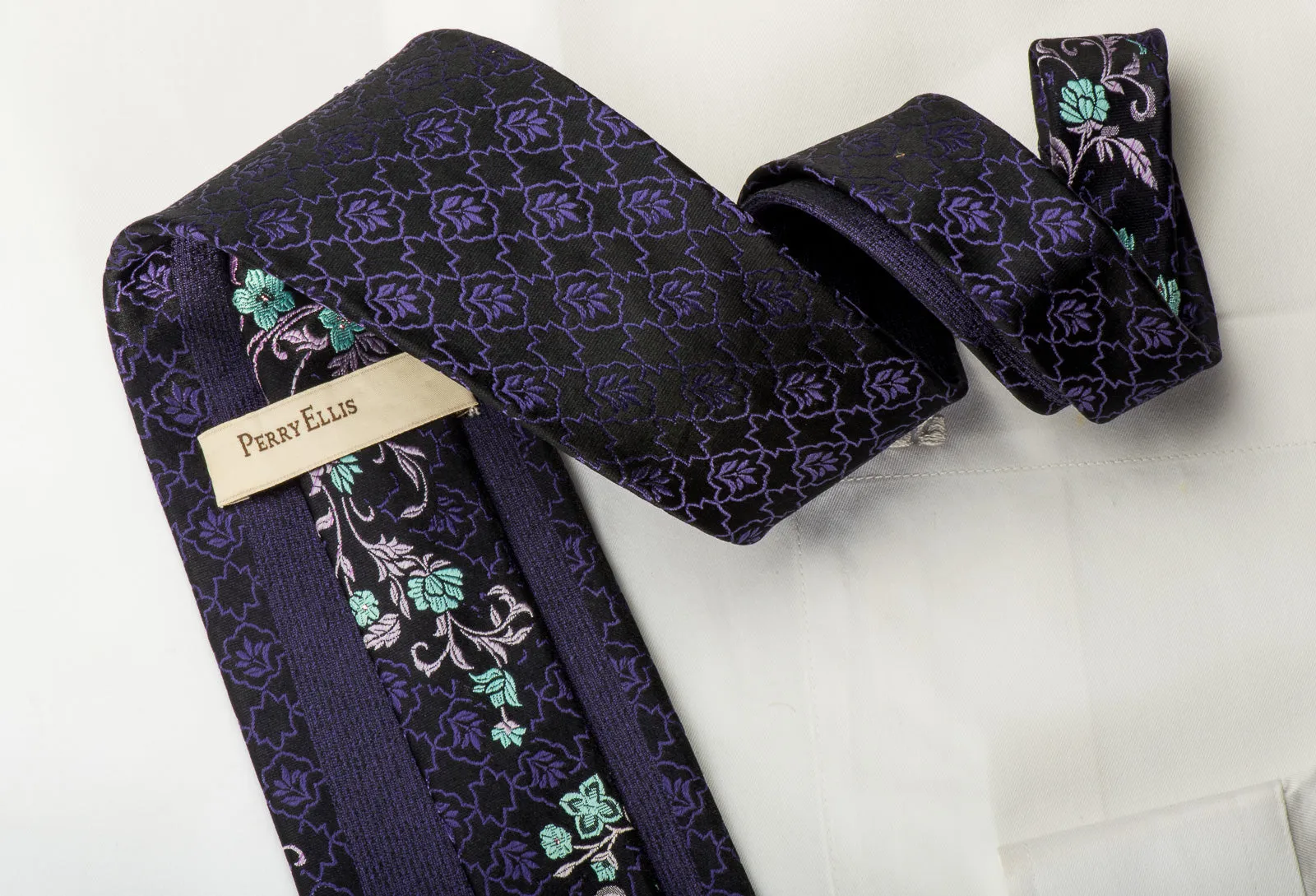 Perry Ellis Rhinestone Silk Necktie Floral On Black With Purple Sparkles