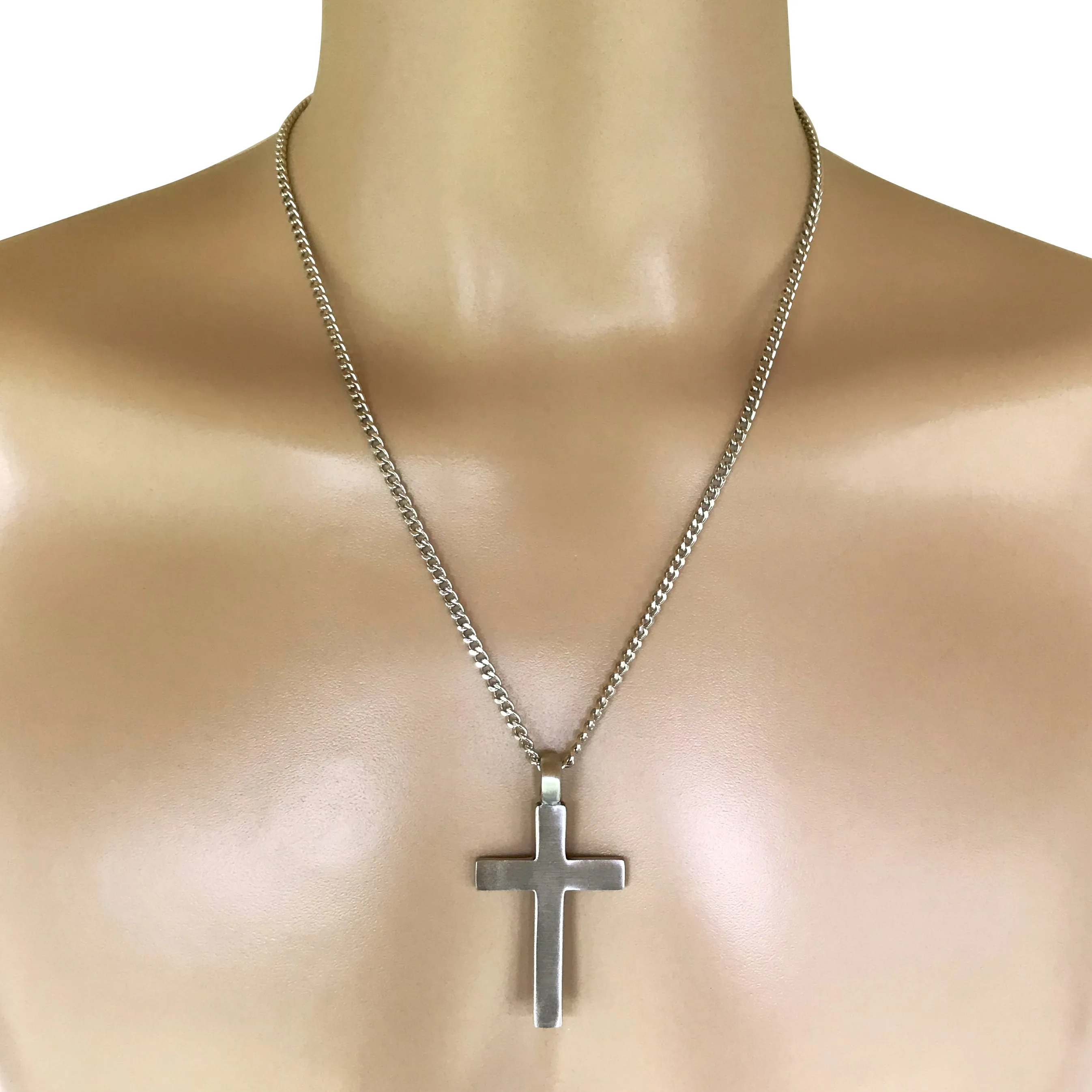 Pewter Plain Large Cross Pendant with Extra Large Bail, on Men's Heavy Curb Chain Necklace, 24"