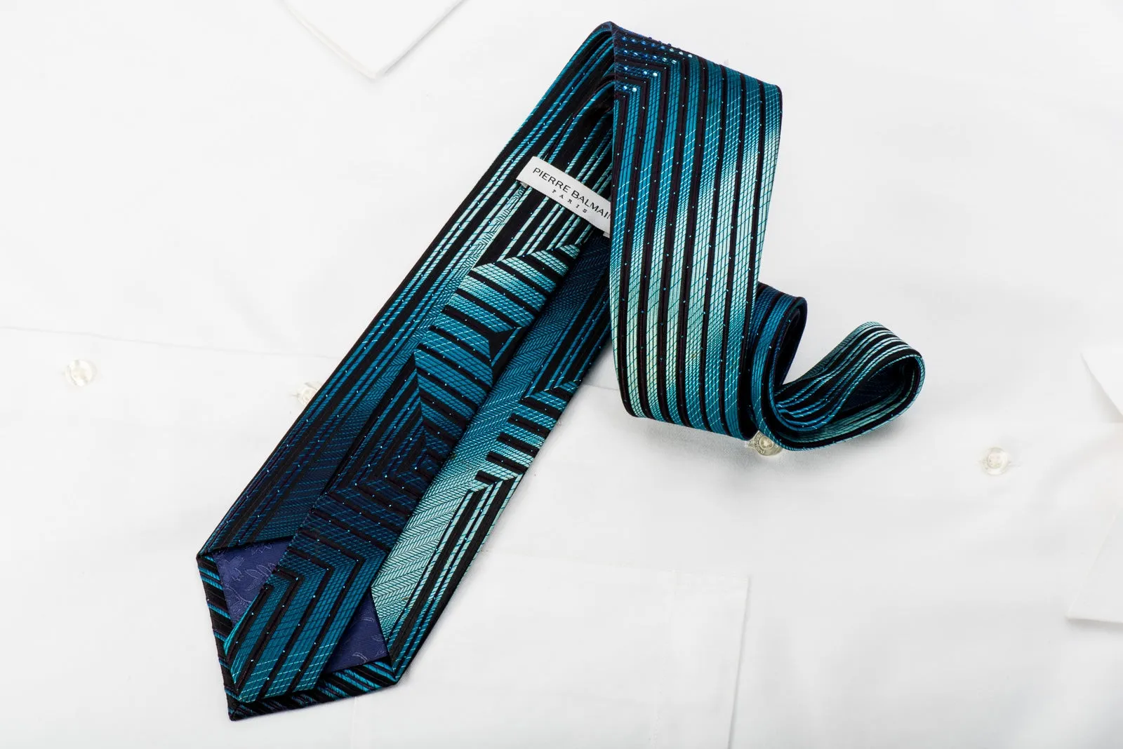 Pierre Balmain Mens Rhinestone Silk Necktie Chevron Stripes On Blue With Sparkles