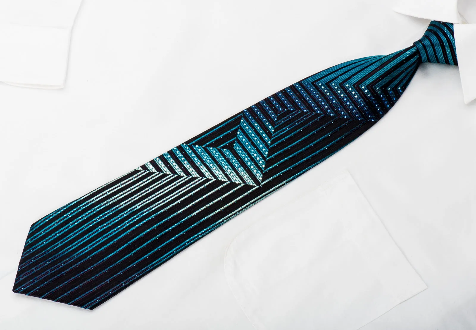 Pierre Balmain Mens Rhinestone Silk Necktie Chevron Stripes On Blue With Sparkles