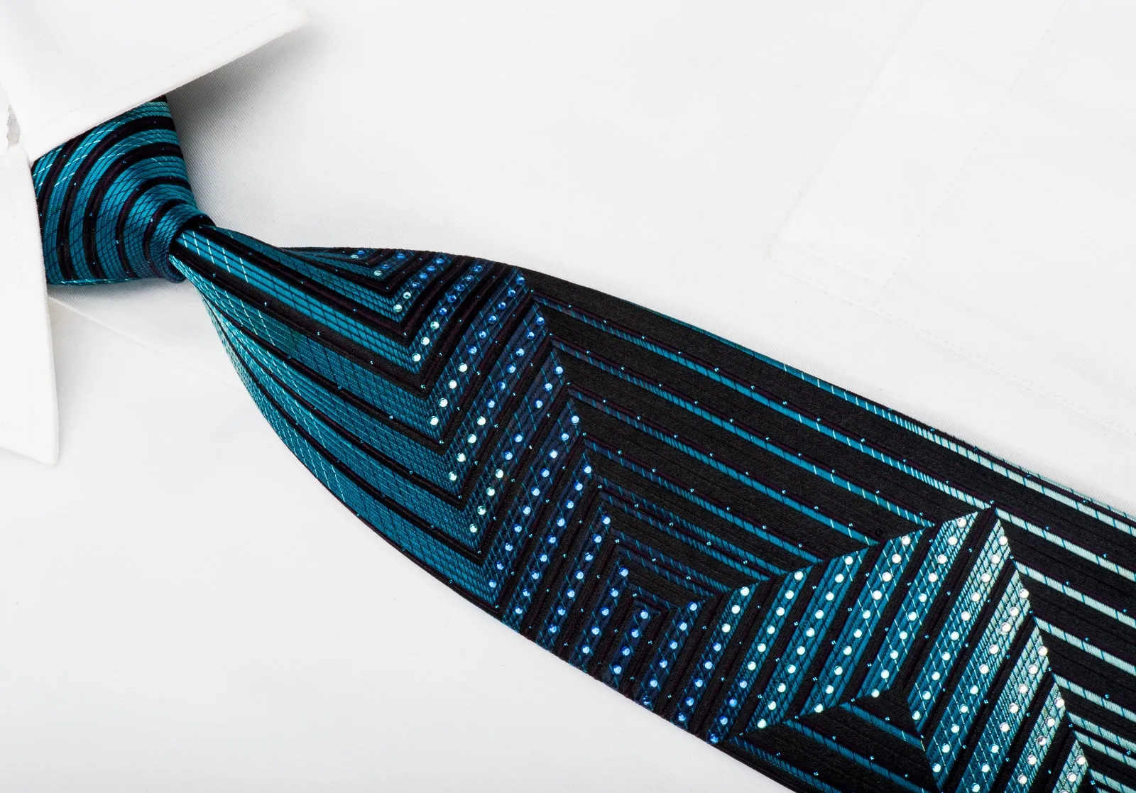 Pierre Balmain Mens Rhinestone Silk Necktie Chevron Stripes On Blue With Sparkles