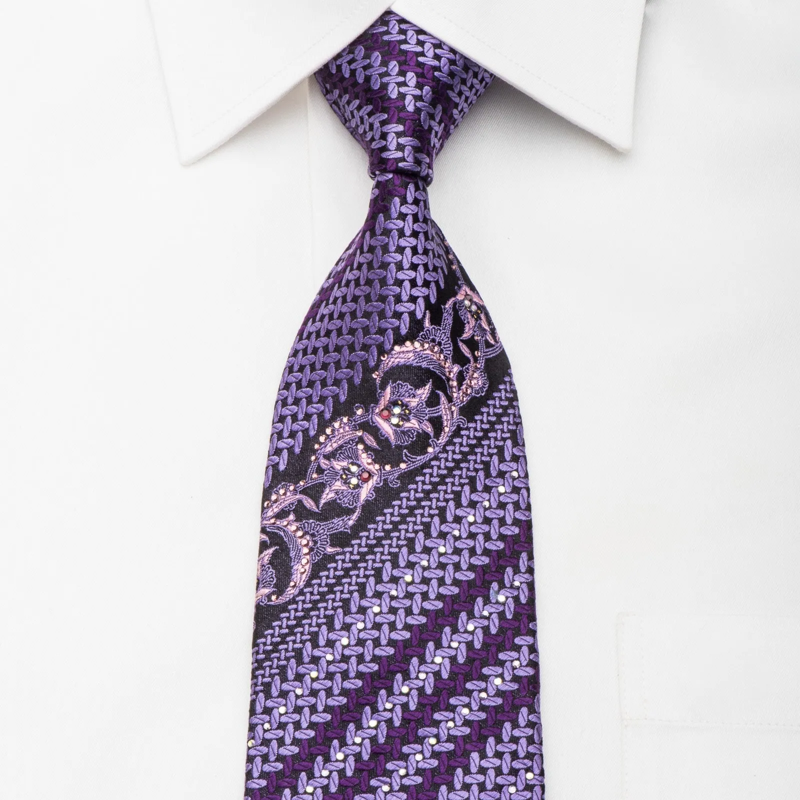 Pierre Cardin Men's Rhinestone Necktie Floral On Purple Silk With Gold Sparkles