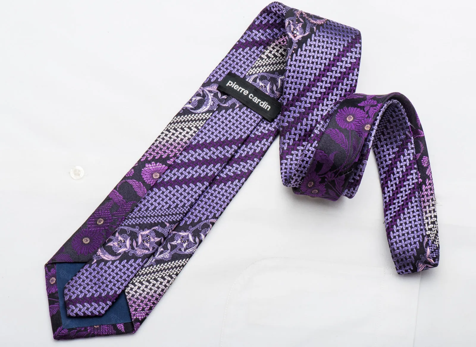 Pierre Cardin Men's Rhinestone Necktie Floral On Purple Silk With Gold Sparkles