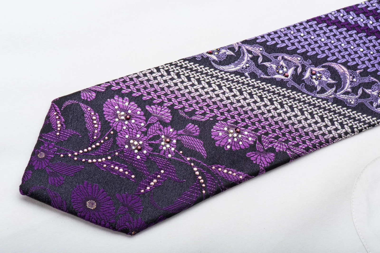 Pierre Cardin Men's Rhinestone Necktie Floral On Purple Silk With Gold Sparkles