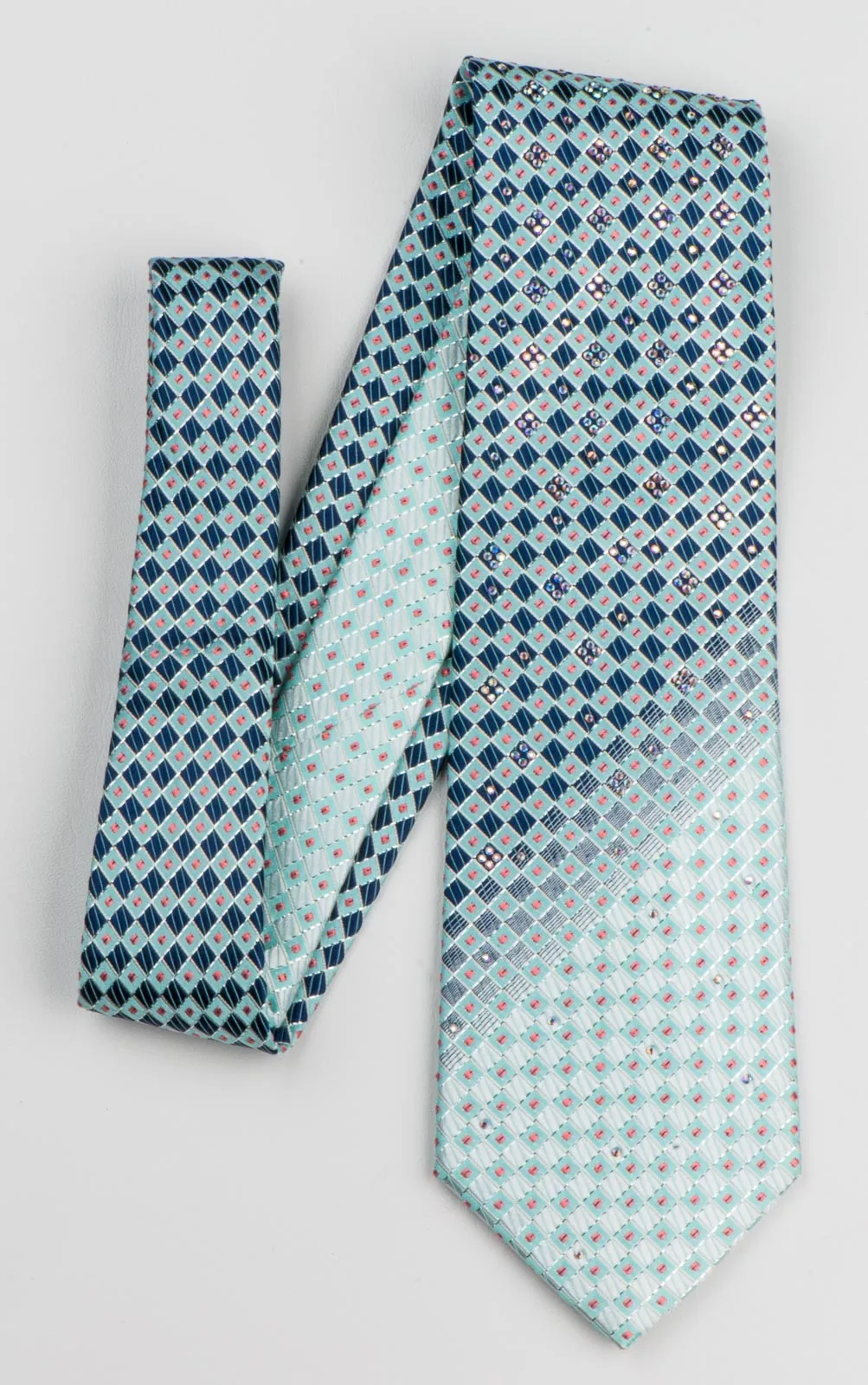 Pierre Cardin Silk Neck Tie Blue Checker Design With Rhinestones 3 1/4 Inch