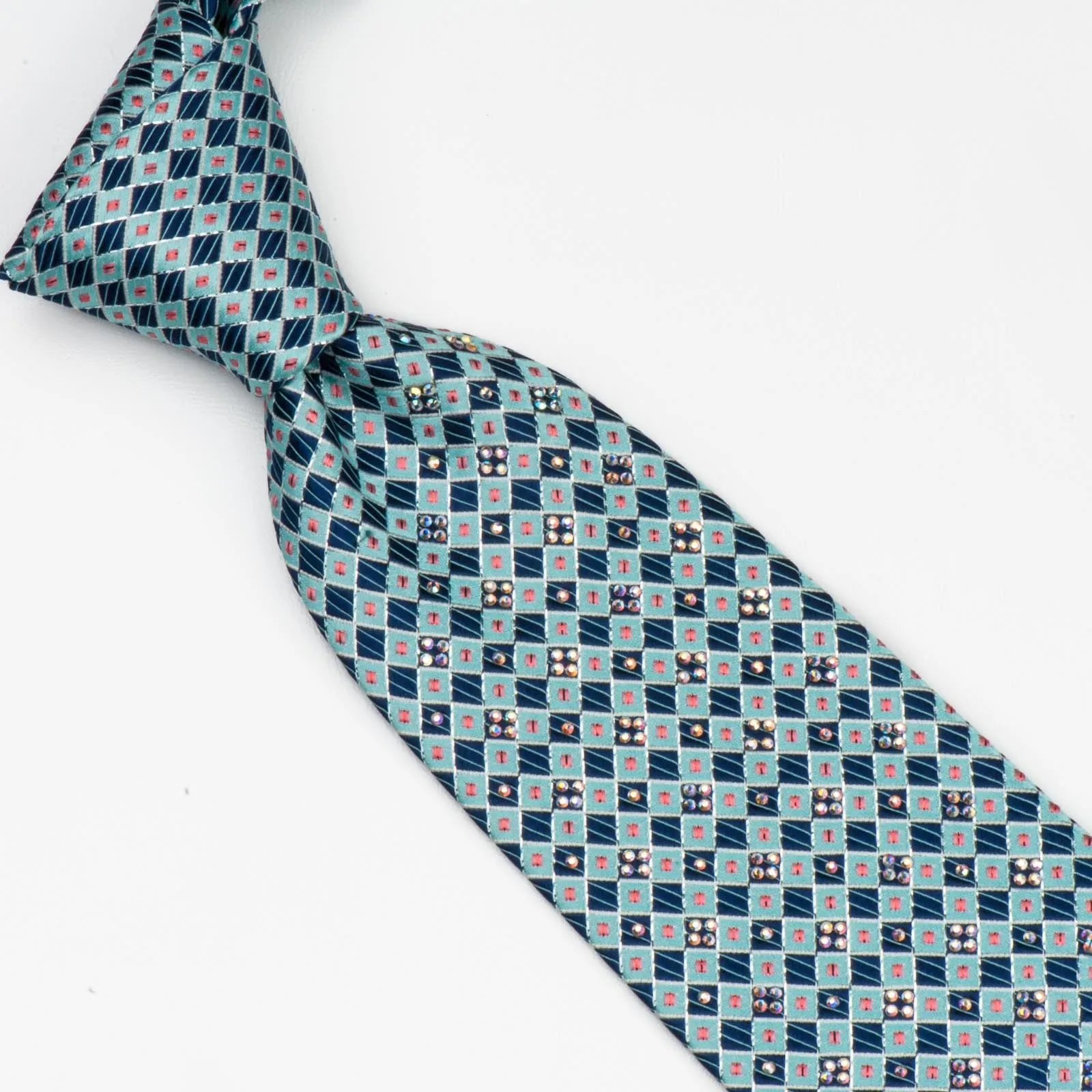 Pierre Cardin Silk Neck Tie Blue Checker Design With Rhinestones 3 1/4 Inch