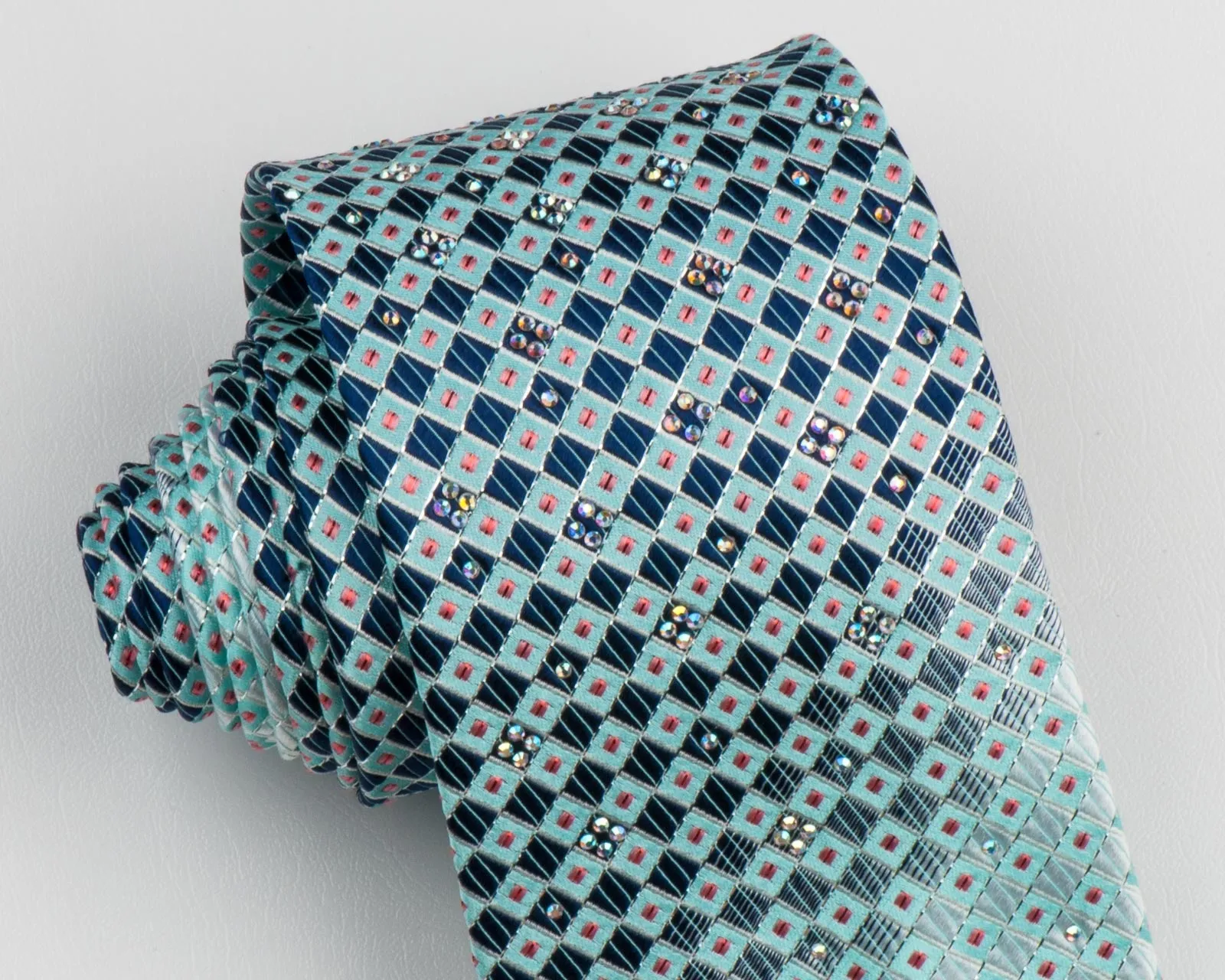 Pierre Cardin Silk Neck Tie Blue Checker Design With Rhinestones 3 1/4 Inch