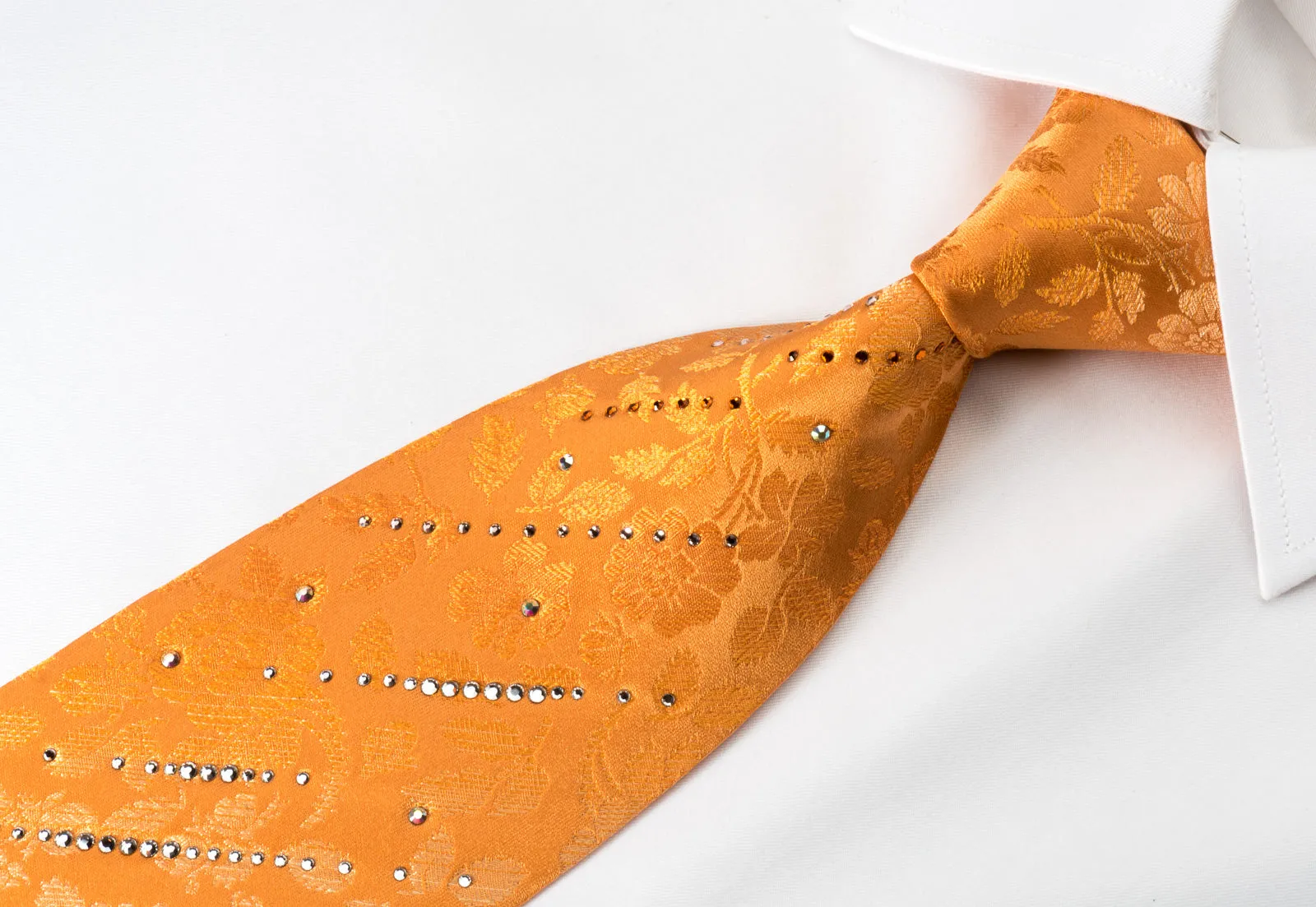 Pierre Cardin Woven Silk Tie Floral On Orange With Crystal Rhinestones