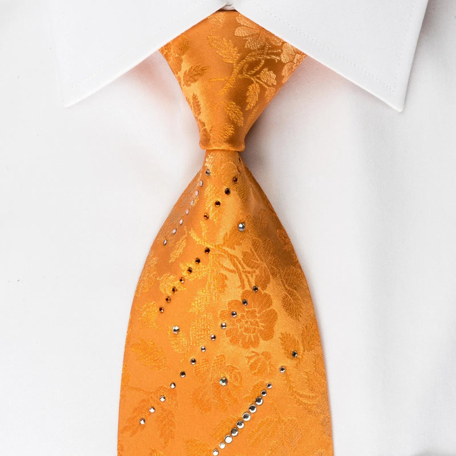 Pierre Cardin Woven Silk Tie Floral On Orange With Crystal Rhinestones