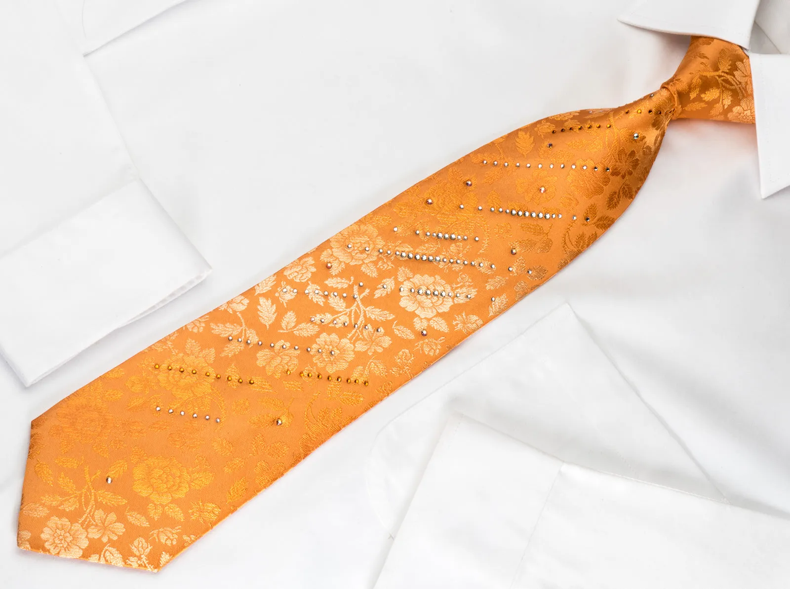 Pierre Cardin Woven Silk Tie Floral On Orange With Crystal Rhinestones