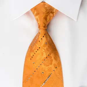 Pierre Cardin Woven Silk Tie Floral On Orange With Crystal Rhinestones