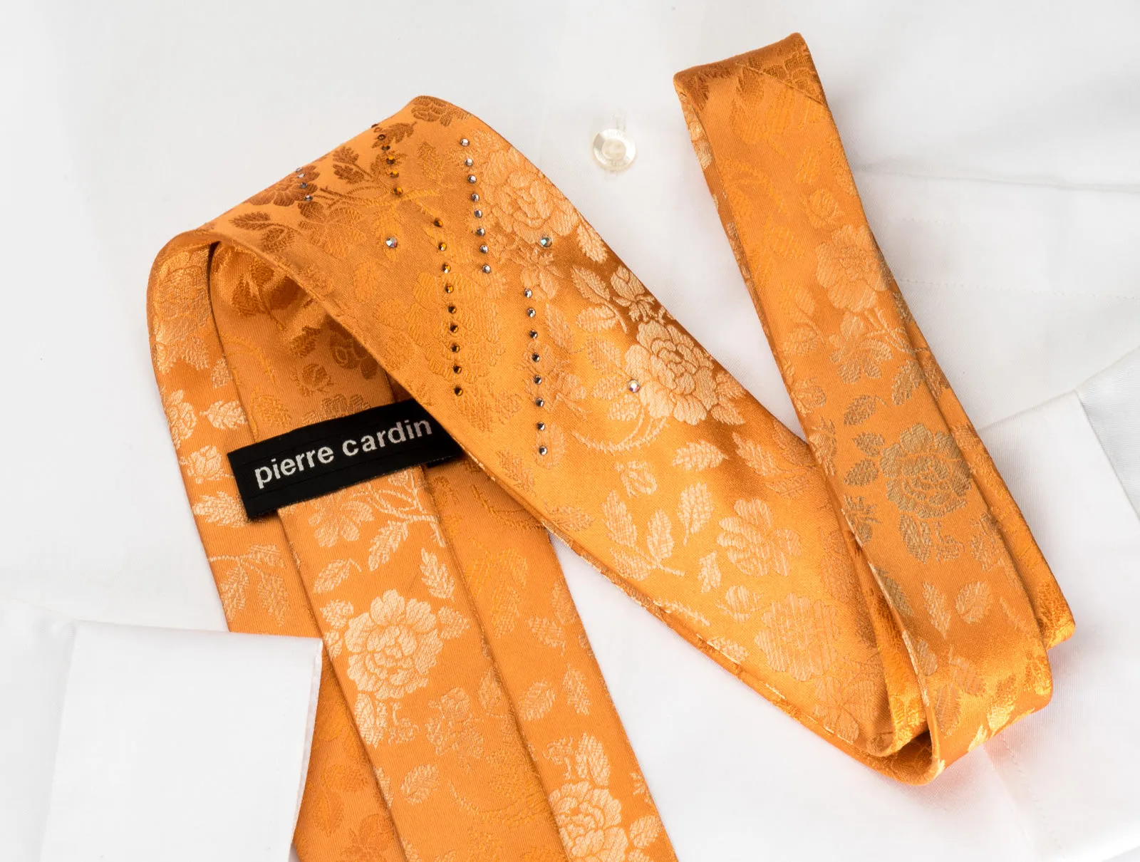 Pierre Cardin Woven Silk Tie Floral On Orange With Crystal Rhinestones