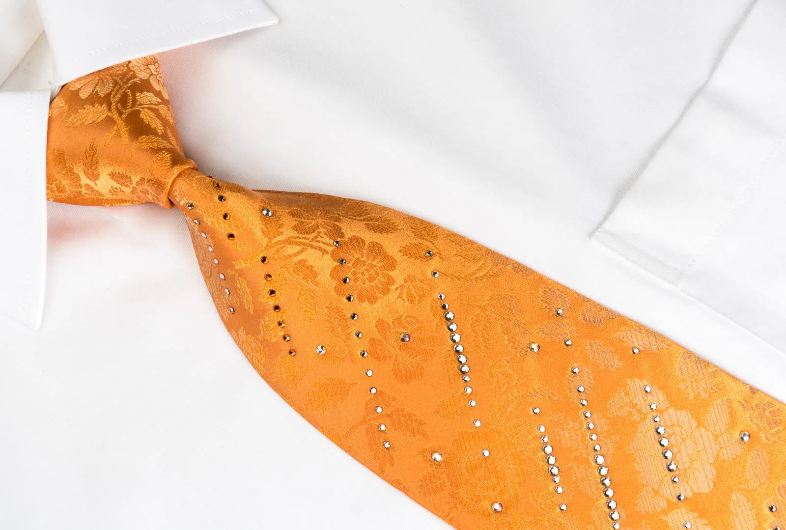 Pierre Cardin Woven Silk Tie Floral On Orange With Crystal Rhinestones